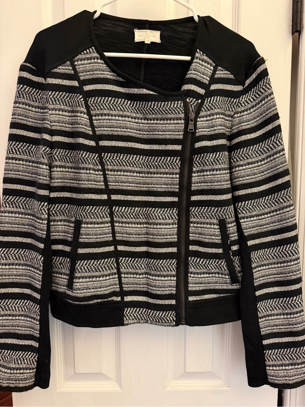 Lou & Grey Black & White Striped Knit Zip-Front Jacket